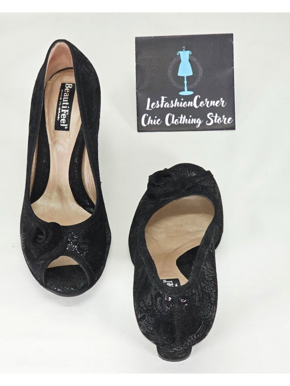 BeautiFeel Women's Black Spark Suede Glasgow Open-Toe Pump Size 7.5 2115 - Picture 11 of 16